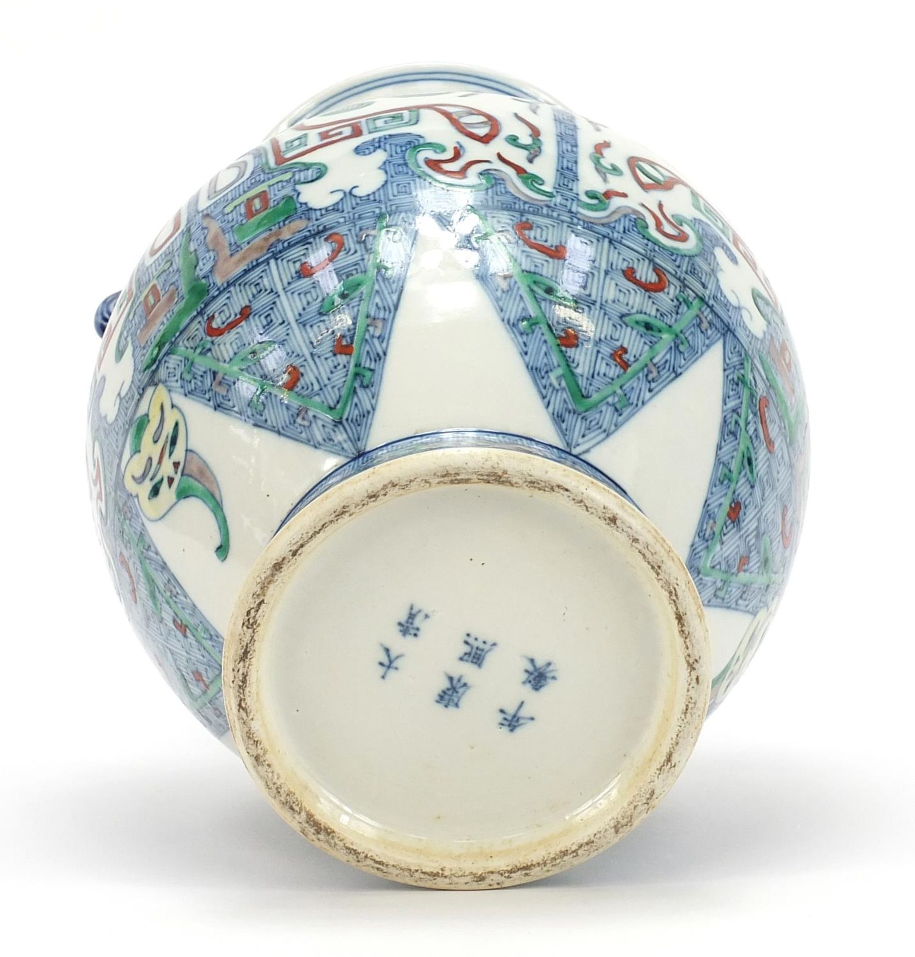 Chinese doucai porcelain vase with handles, hand painted with mythical faces and heads, six figure - Image 8 of 10