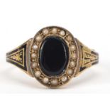Antique 15ct gold, enamel, black onyx and seed pearl mourning ring engraved 'In memory of my darling