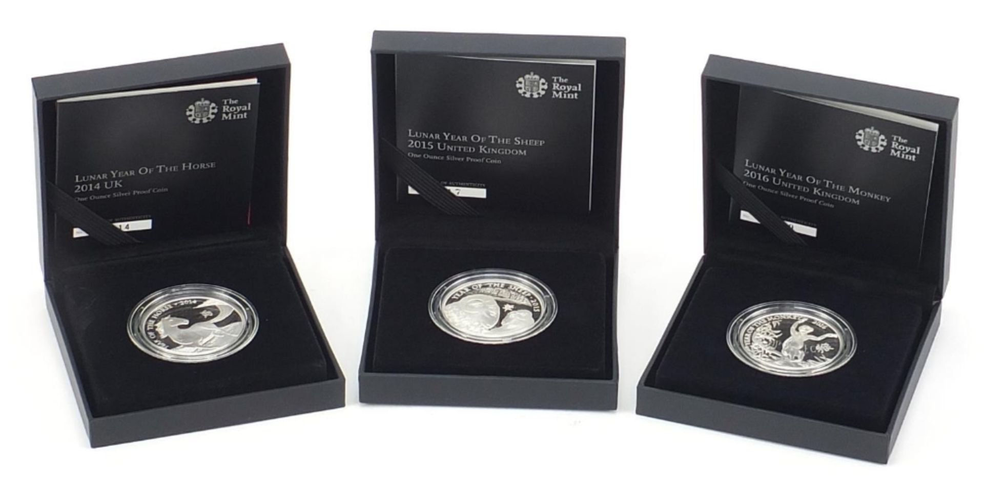 Three Lunar one ounce silver proof coins with boxes comprising 2014 Year of the Horse, 2015 Year