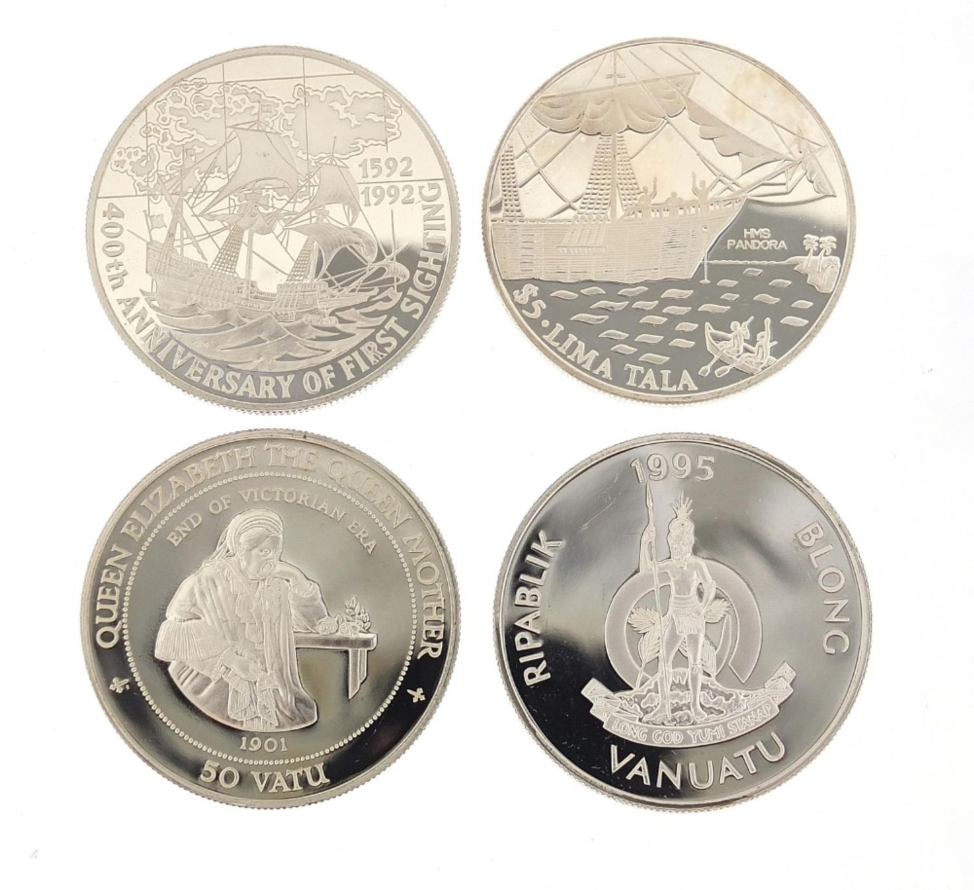 Four silver commemorative coins including Queen Elizabeth, The Queen Mother, 120g :For Further