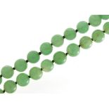 Chinese green jade bead necklace, 48cm in length, each bead 11mm in diameter, total 160.2g :For