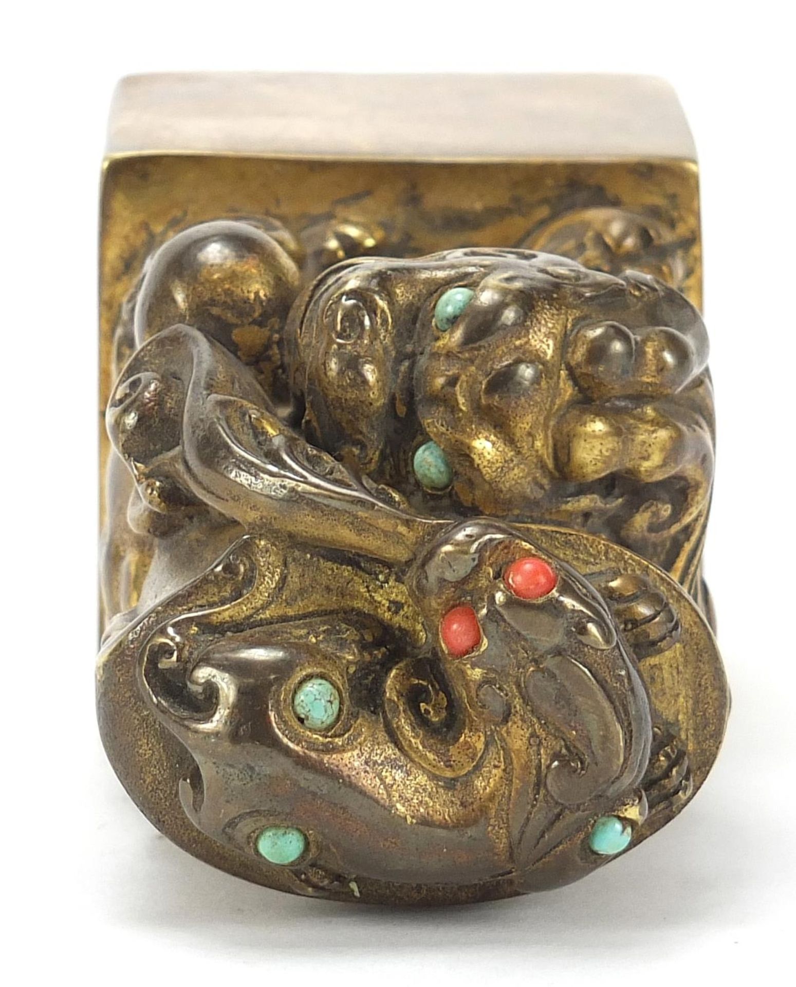 Chinese patinated bronze dog of Foo seal set with turquoise and coral coloured stones, 12cm high : - Image 6 of 7