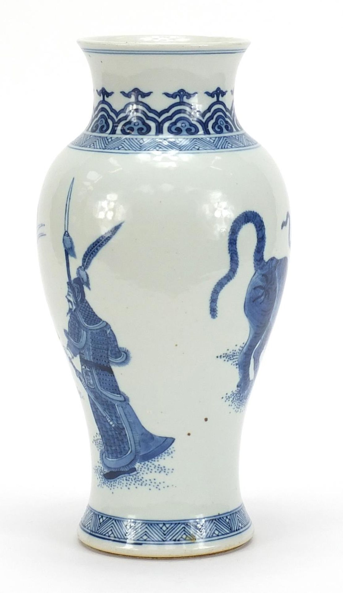 Chinese blue and white porcelain baluster vase hand painted with figures and two tigers, six - Bild 4 aus 8