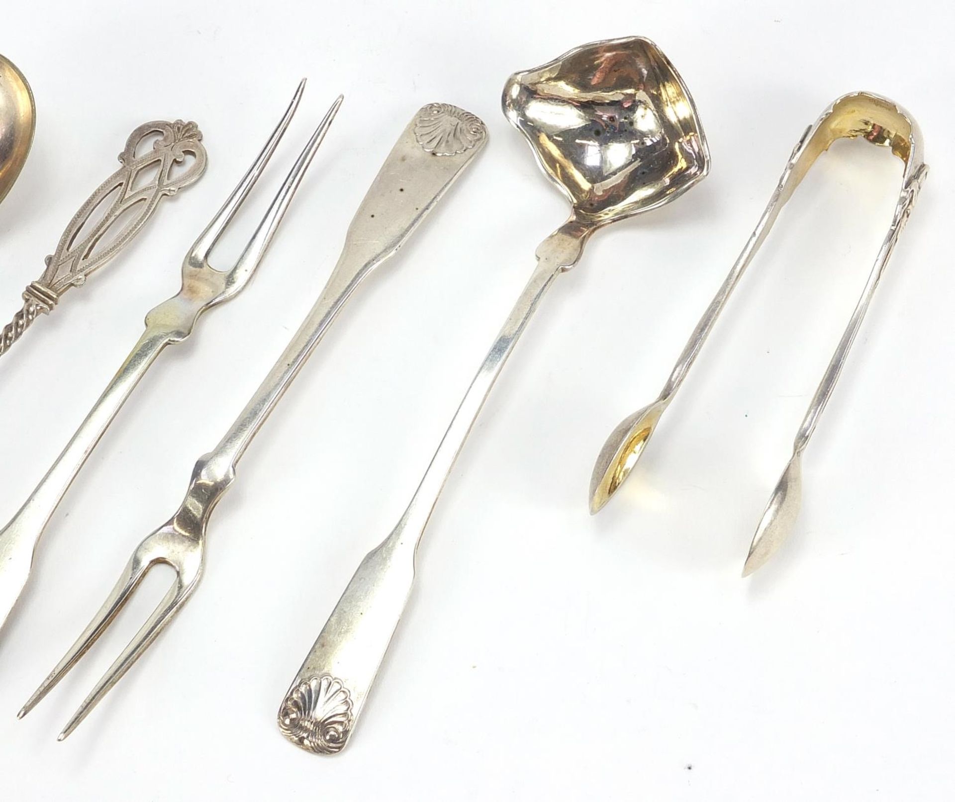 Danish silver and white metal cutlery including a toddy ladle, pair of forks and pair of sugar - Image 3 of 6