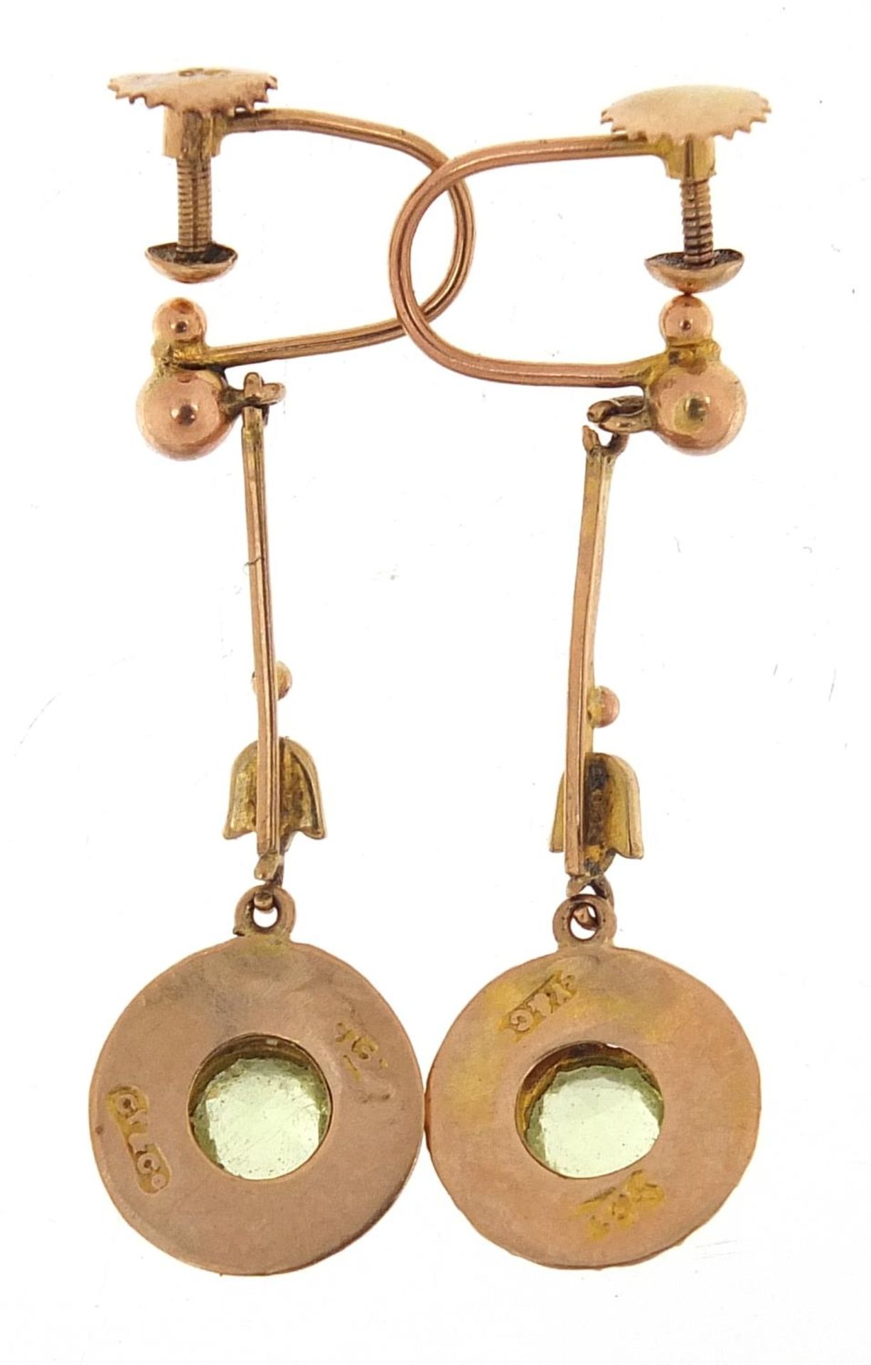 Pair of 9ct gold peridot and seed pearl drop earrings, 3.2cm high, 2.4g :For Further Condition - Bild 2 aus 3