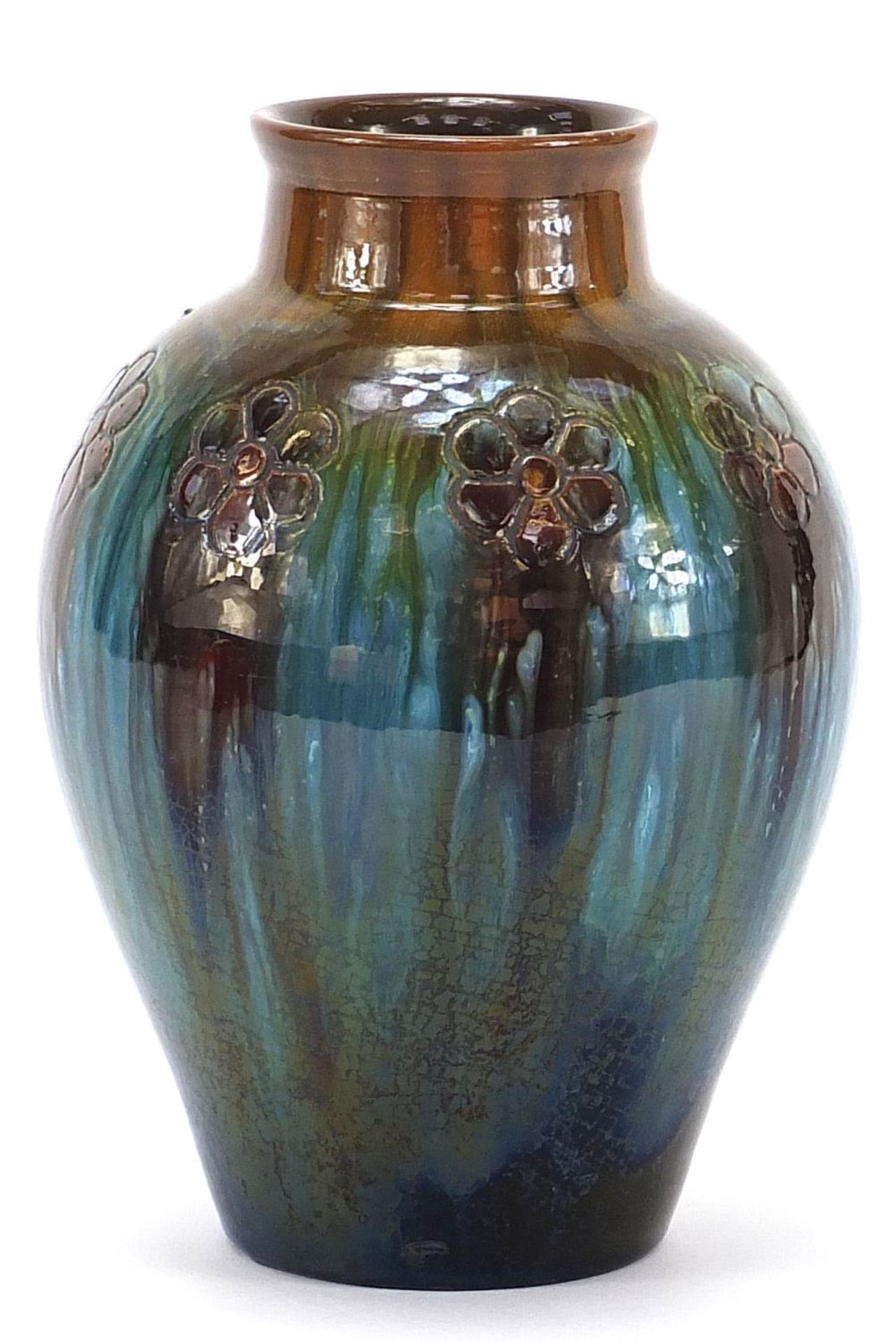 Christopher Dresser for Linthorpe Pottery, Arts & Crafts vase having a mottled glaze incised with