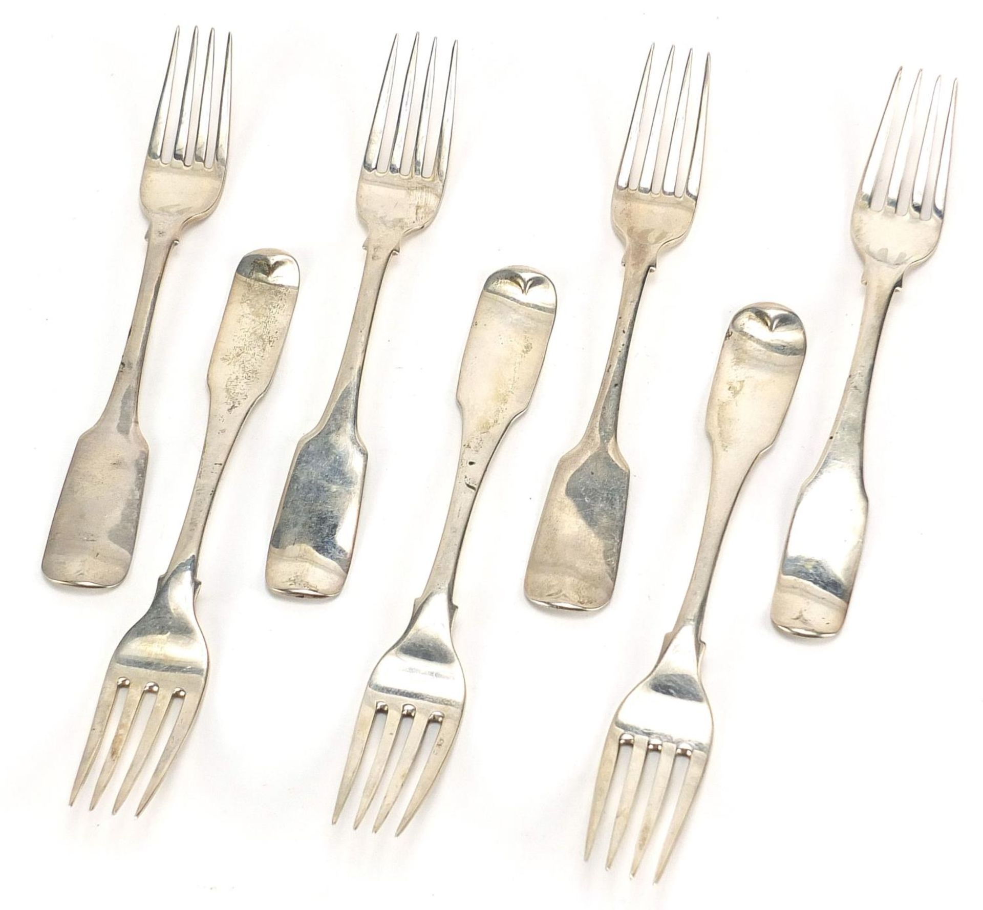 Group of Irish 19th century silver table forks comprising set of four by Richard Whitford 1814 and