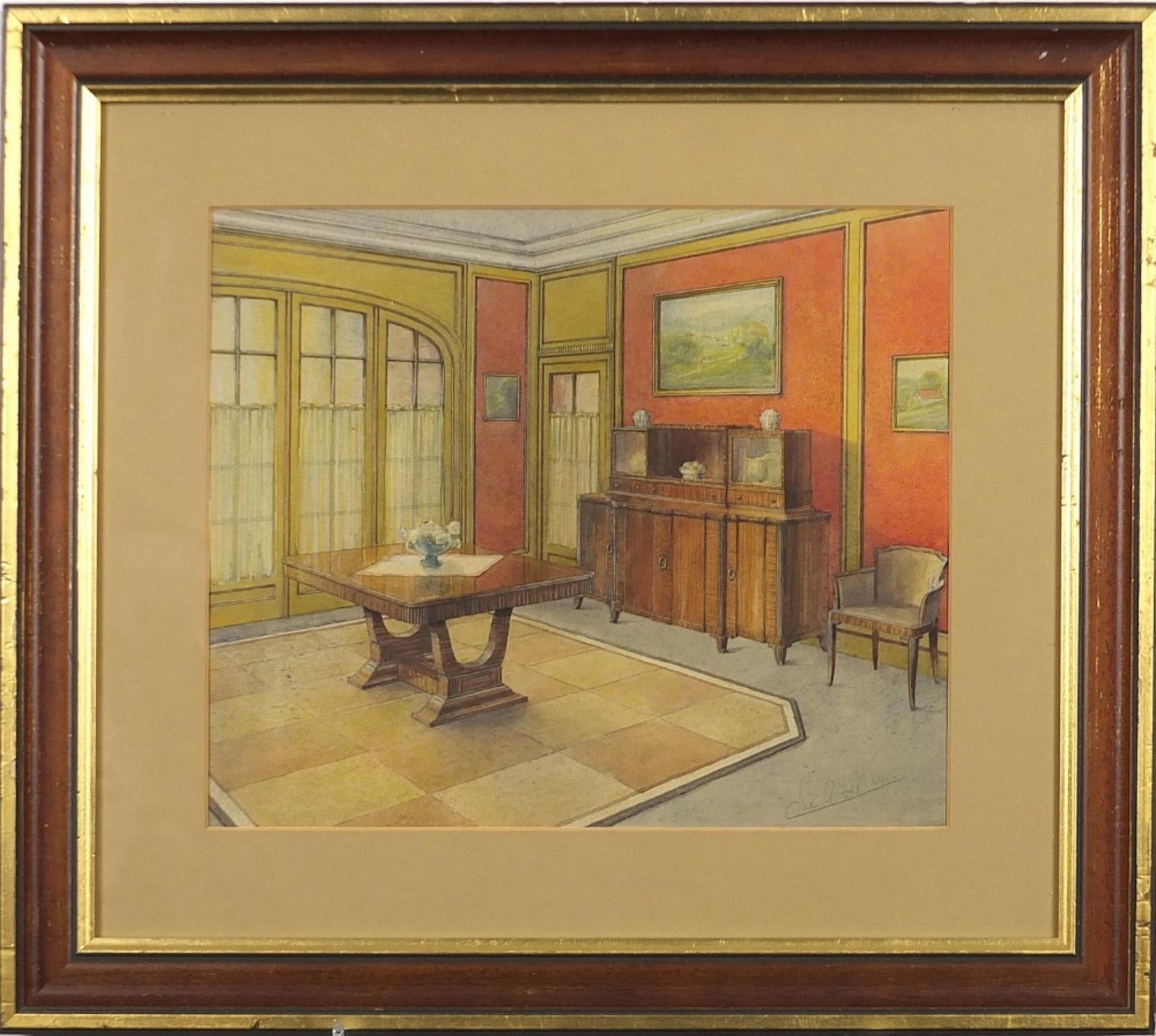 Luc Q Le Keux - Art Deco interior in the manner of Emile Jaques Ruhimann, signed watercolour, - Image 2 of 4