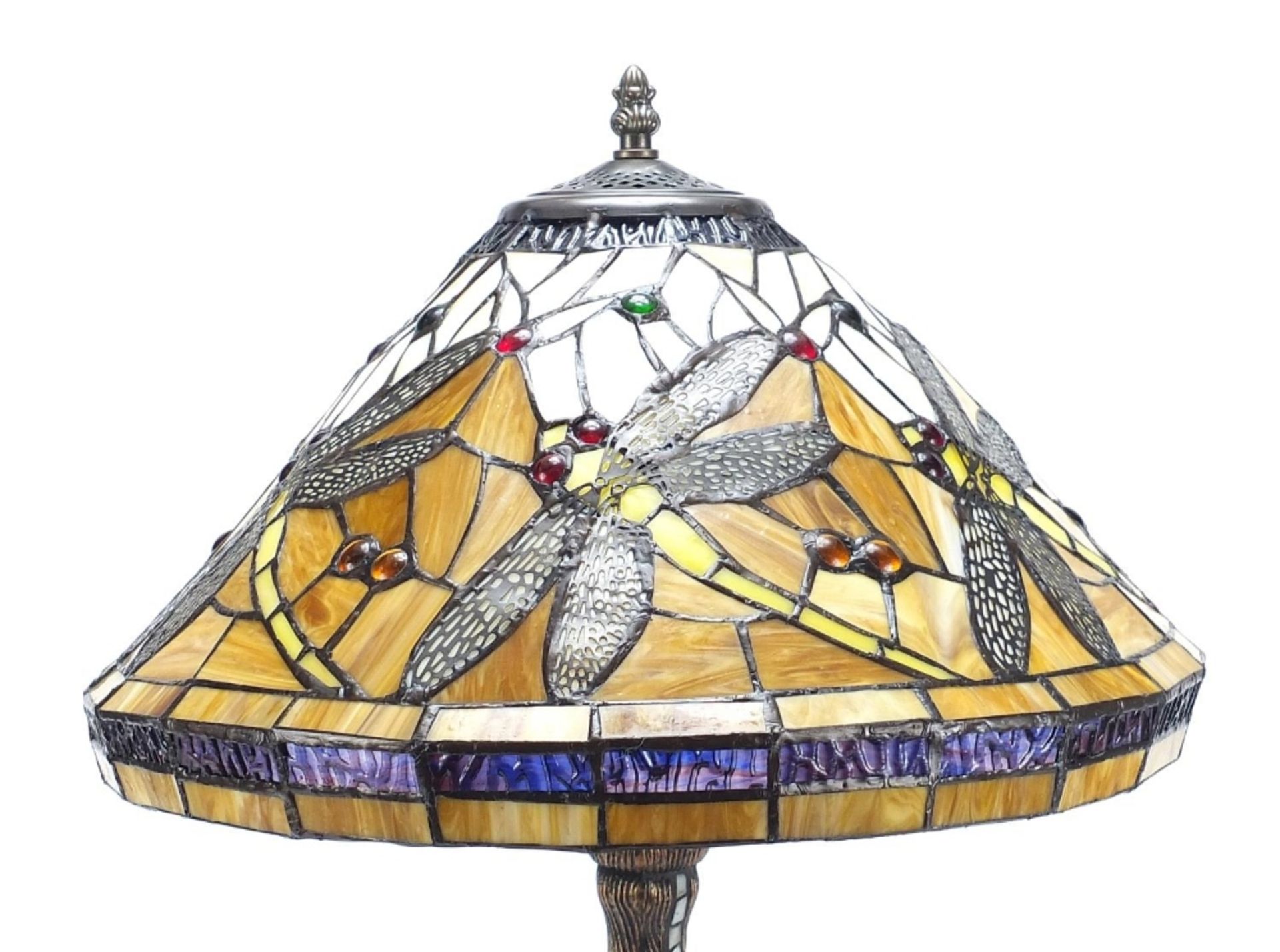 Bronzed Tiffany design leaded glass table lamp and shade decorated with dragonflies, 58cm high : - Image 2 of 3