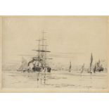 Ships on the Thames, etching, indistinctly pencil signed, mounted, framed and glazed, 16cm x 11.