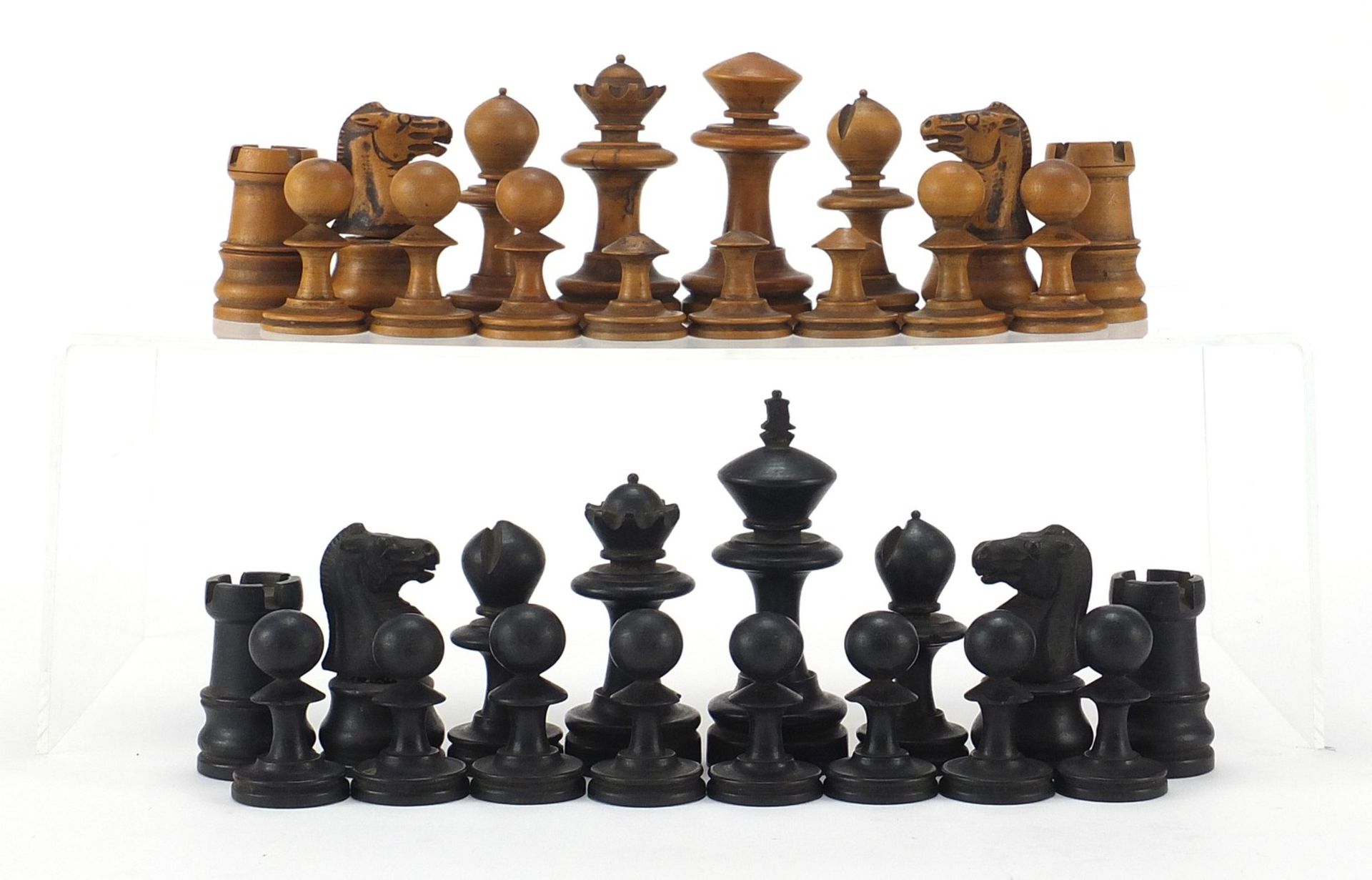 Antique boxwood and ebony chess set, the largest pieces each 9cm high :For Further Condition Reports