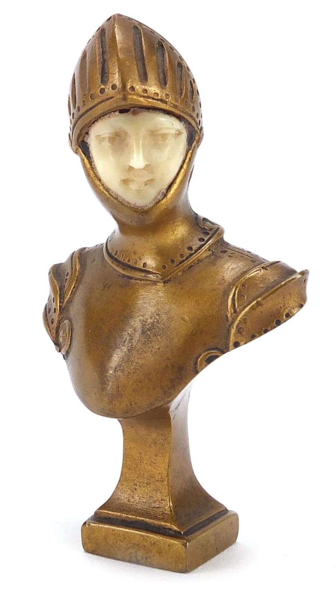 Alexandre Auguste Caron, Art Nouveau gilt bronze and ivory bust of a knight, possibly a pipe tamper,