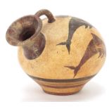 Peruvian terracotta vessel hand painted with fish, stamped to the base, 11cm high :For Further