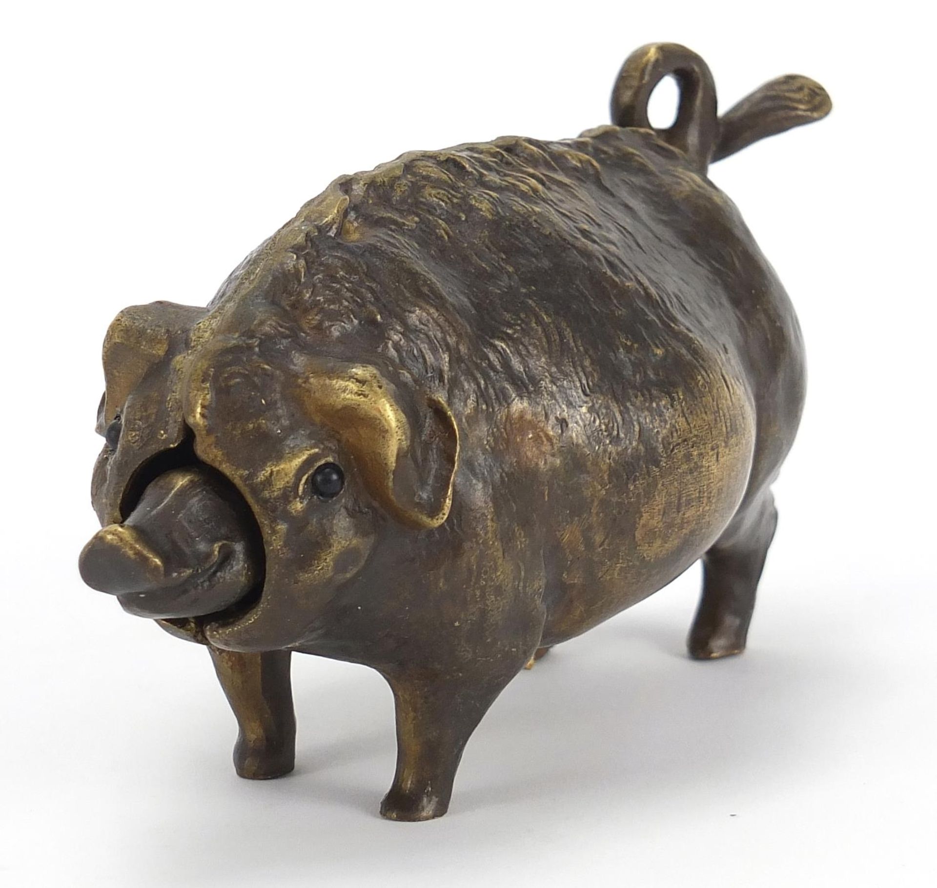 Patinated bronze boar design desk bell, 16.5cm in length :For Further Condition Reports Please Visit