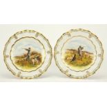 Pair of Royal Crown Derby Lombardy cabinet plates, each hand painted with a hunting scene and signed