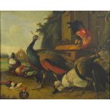 Exotic birds before a landscape, Old Master style oil on board, mounted and framed, 57cm x 46cm
