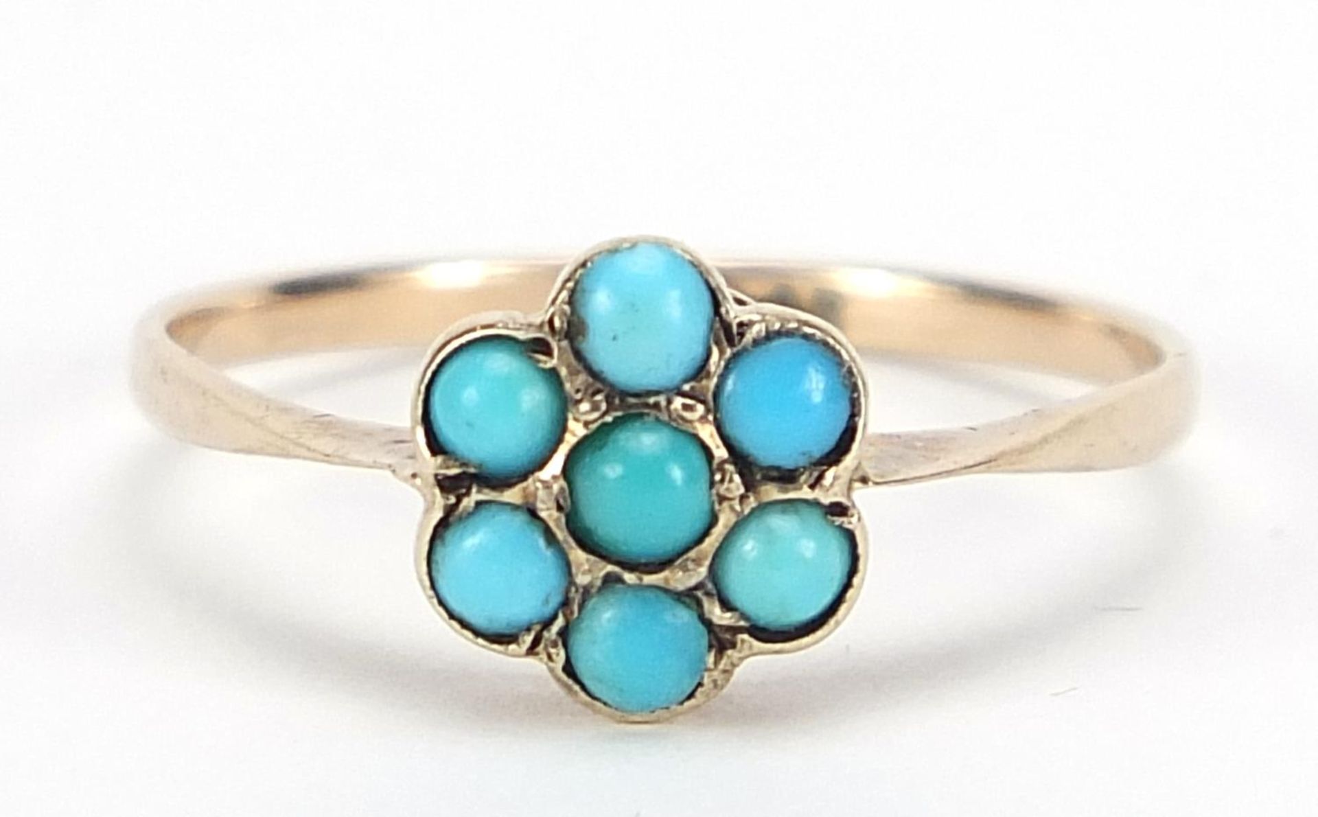 9ct gold turquoise flower head ring, size P, 1.0g :For Further Condition Reports Please Visit Our