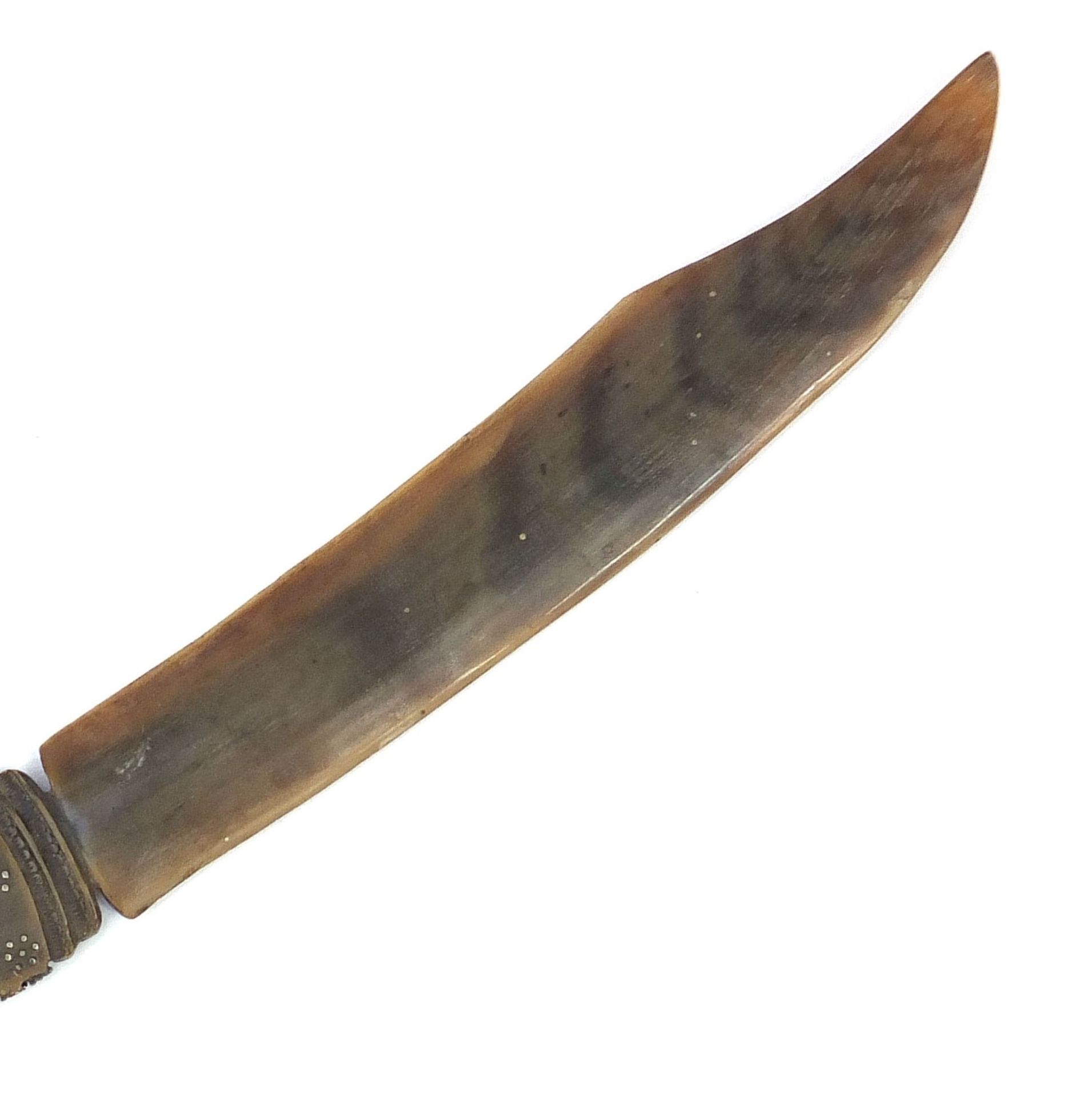 Carved horn letter opener with dragon head handle and metal inlay, possibly rhinoceros, 38.5cm in - Image 6 of 6