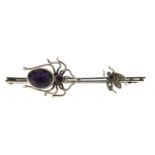 Unmarked white metal spider and fly bar brooch set with purple and clear stones, 6cm wide, 4.1g :For