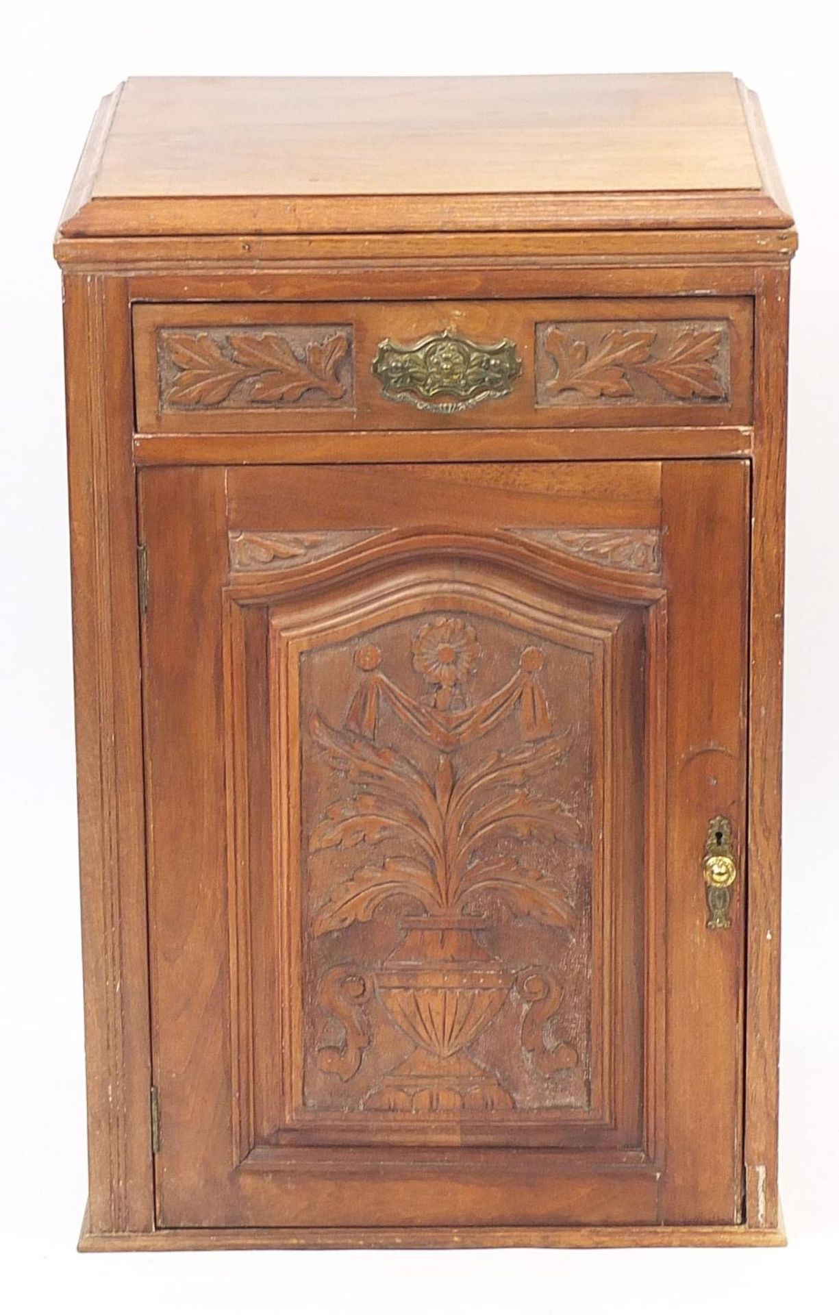 Carved walnut pedestal cupboard with drawer enclosing two shelves, 82cm H x 52cm W x 46cm D :For - Image 2 of 4