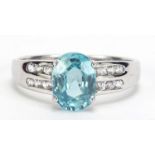 9ct white gold blue topaz and cubic zirconia ring, size L, 2.0g :For Further Condition Reports