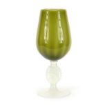 Large green goblet vase with opalescent figural stem, 34cm high :For Further Condition Reports