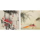 Koi and Cherry blossom, pair of Chinese watercolour wall hanging scrolls, each 33cm x 33cm :For