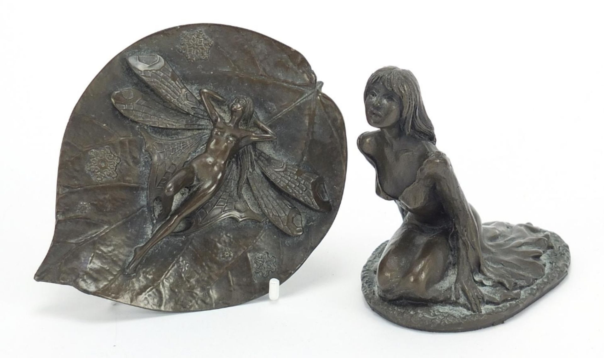 Two Art Nouveau style bronzed sculptures including a fairy reclining on a lily pad, the largest 12.