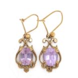 Pair of 9ct gold amethyst drop earrings, 3cm high, 2.5g :For Further Condition Reports Please