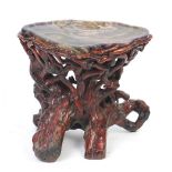 Chinese fluorite specimen tea table raised on a gnarled root base, 52cm H x 56cm W x 42cm D :For