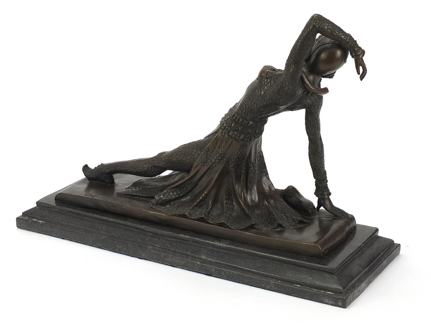 After Demetre Chiparus, patinated bronze sculpture of a Art Deco dancer, 41.5cm wide :For Further - Image 3 of 5