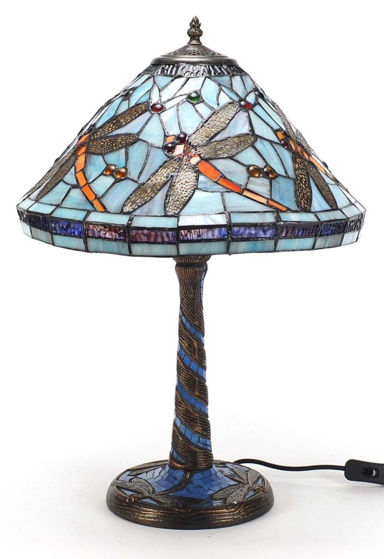 Bronzed Tiffany design table lamp with shade decorated with dragonflies, 58cm high :For Further
