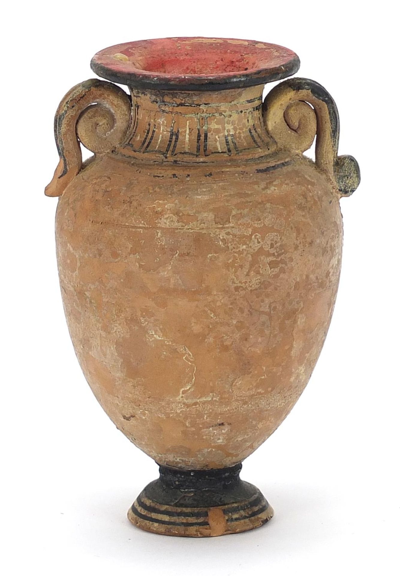 Roman terracotta with twin handles vase decorated with a female, 12cm high :For Further Condition - Image 2 of 4