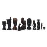 Ten African carved hardwood figures and busts including ebony examples, the largest 28.5cm high :For