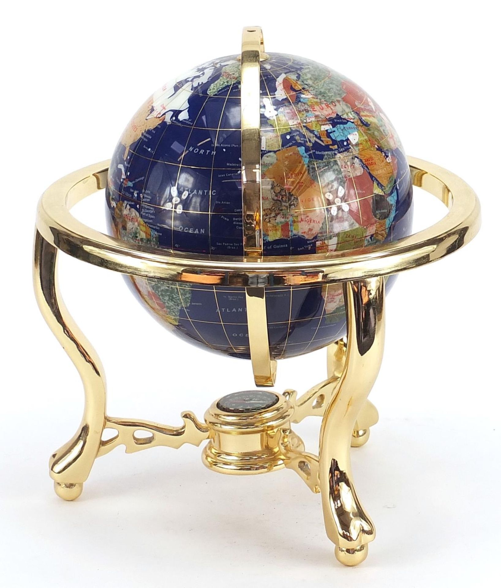 Brass and specimen stone table globe with compass under tier, 35cm high :For Further Condition - Image 2 of 7