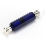 Victorian blue glass double end scent bottle with unmarked silver mounts, 10.5cm in length :For