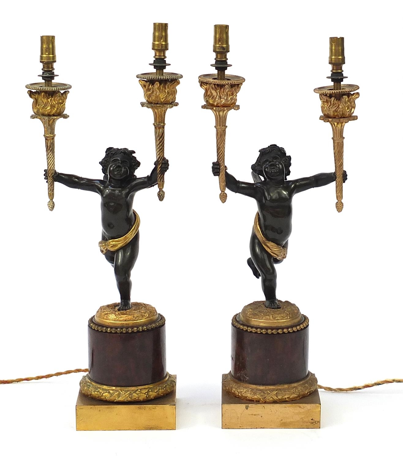 Pair of 19th century ormolu and marble Putti design two branch candelabras converted to electric - Image 2 of 7