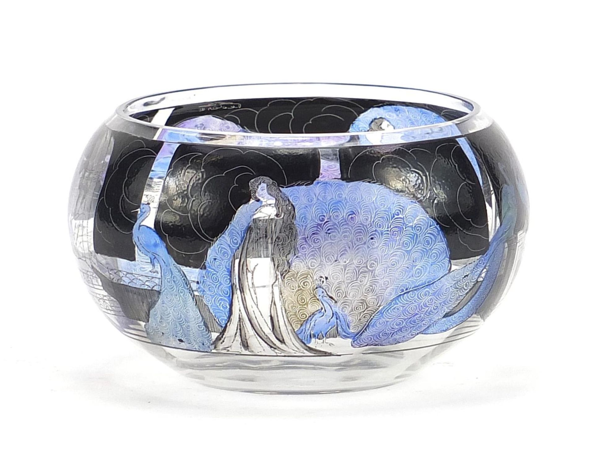 Art Deco style glass bowl hand painted with peacocks, indistinctly signed, 12cm in diameter :For