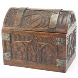 18th century style carved oak dome topped casket with metal mounts and heraldic crest, 26cm H x 30cm