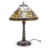 Bronzed Tiffany design leaded glass table lamp and shade decorated with dragonflies, 58cm high :