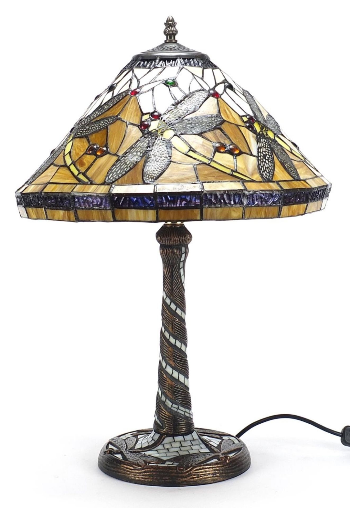 Bronzed Tiffany design leaded glass table lamp and shade decorated with dragonflies, 58cm high :