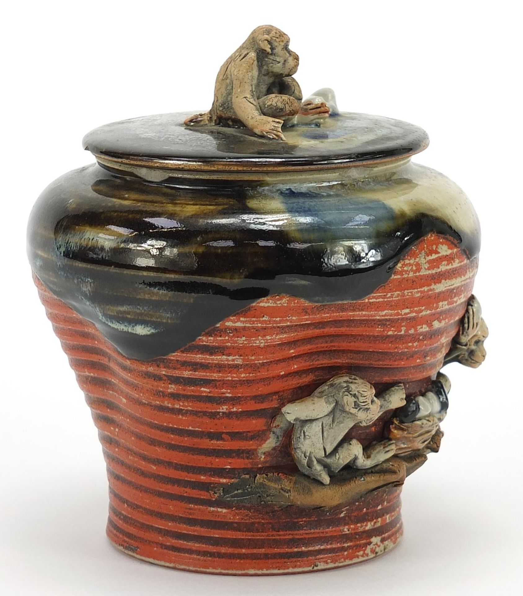 Japanese Sumida Gawa pottery jar and cover with monkey knop, incised character marks to the base, - Image 5 of 8