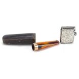 Smoking items comprising 9ct gold mounted cheroot holder with fitted case and Edwardian silver vesta