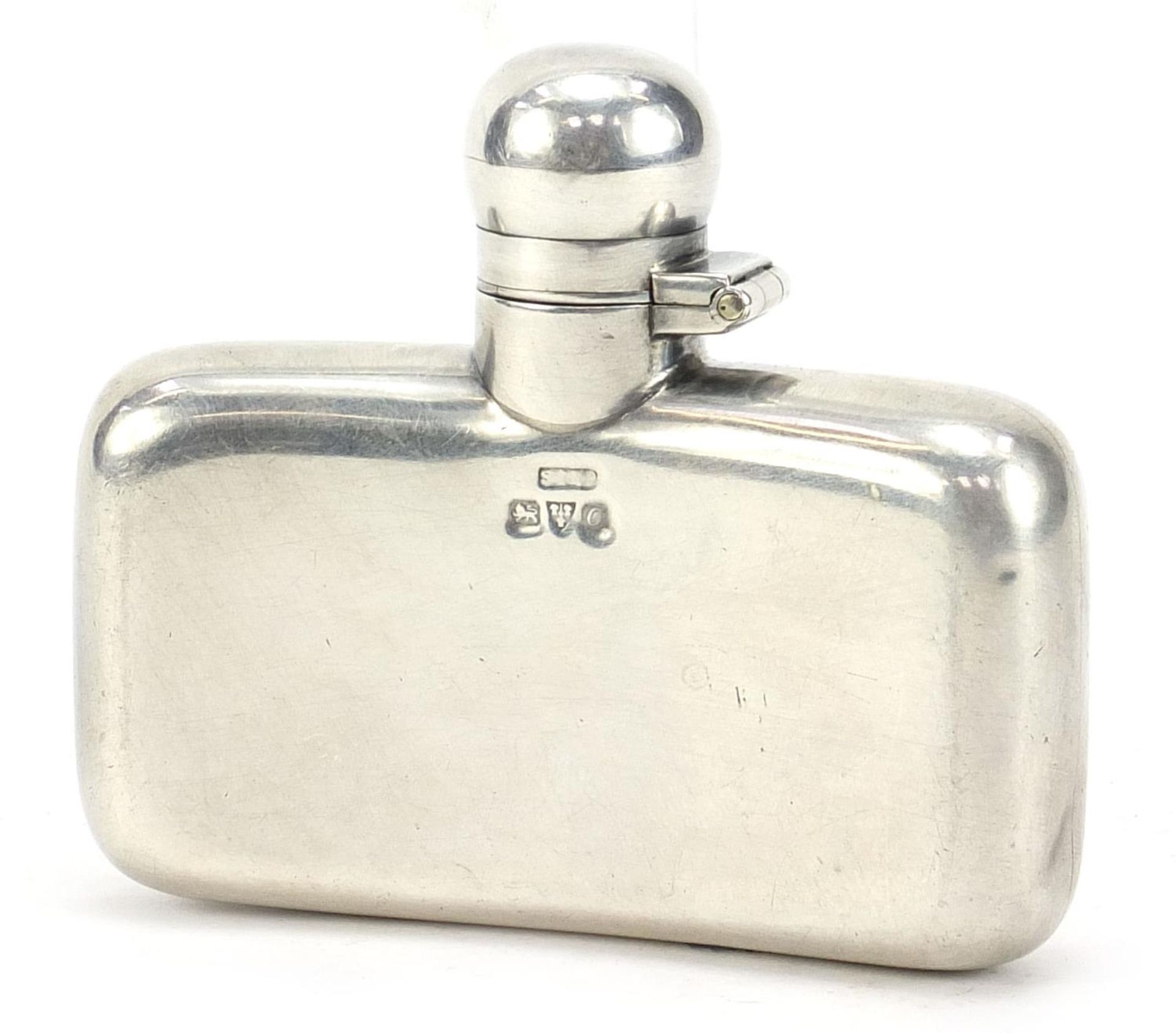 George V, silver hip flask with bayonet fitting lid, Chester 1914, 8cm wide, 79.0g :For Further - Image 2 of 4