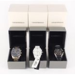 Three gentlemen's Emporio Armani wristwatches with boxes and paperwork, numbered AR-1424, AR-6088