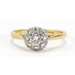 18ct gold and platinum diamond cluster ring, size P, 3.2g :For Further Condition Reports Please