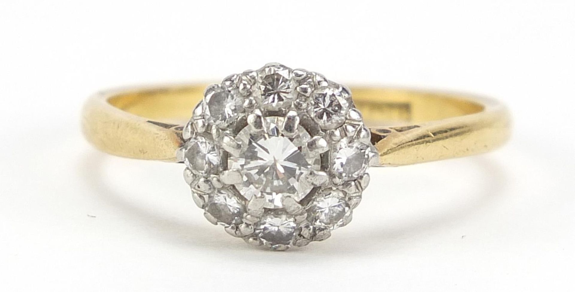 18ct gold and platinum diamond cluster ring, size P, 3.2g :For Further Condition Reports Please