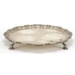 Mappin & Webb, large George VI silver salver raised on four feet with presentation inscription and