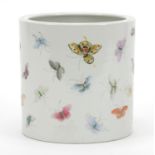 Good Chinese porcelain brush pot finely hand painted in the famille rose palette with butterflies,