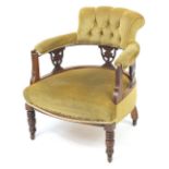 Edwardian carved mahogany bedroom chair with green button back upholstery, 75cm H x 60cm W x 62cm